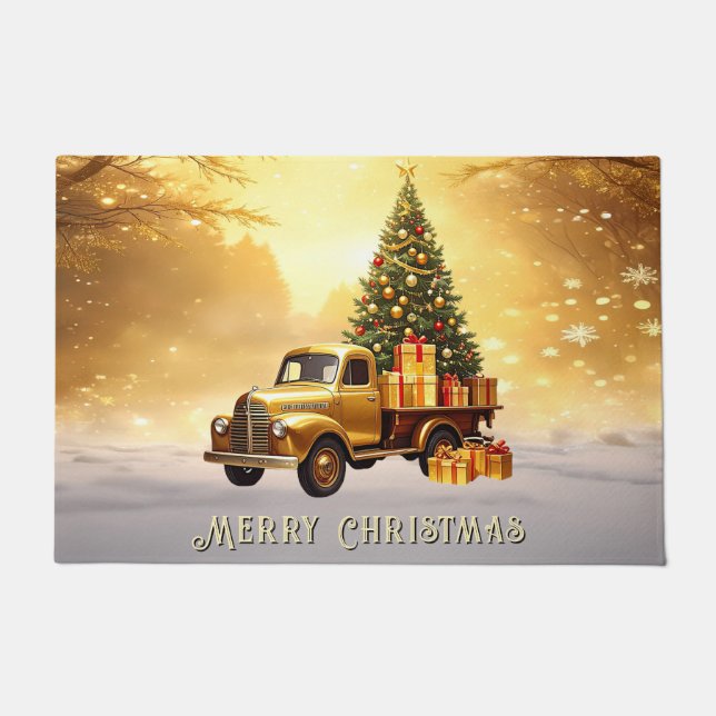 Gold Truck Christmas Tree Holiday Doormat ドアマット (正面)