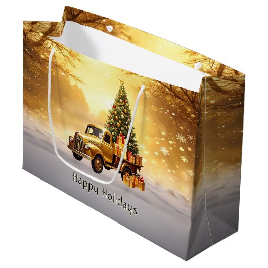 Gold Truck Christmas Tree Holiday Gift Bag ラージペーパーバッグ (正面アングル)