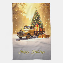 Gold Truck Christmas Tree Holiday Kitchen Towel キッチンタオル