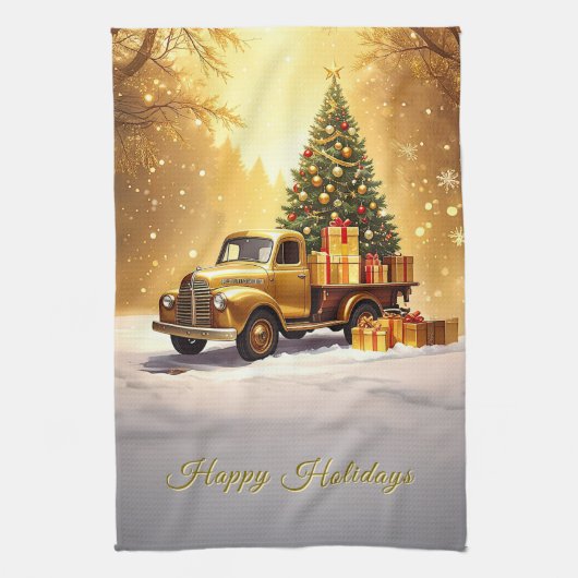 Gold Truck Christmas Tree Holiday Kitchen Towel キッチンタオル (縦)