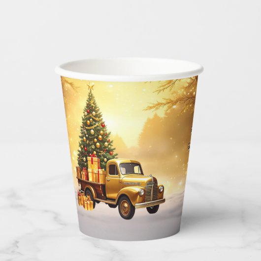 Gold Truck Christmas Tree Holiday Paper Cups 紙コップ (正面)