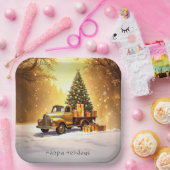 Gold Truck Christmas Tree Holiday Paper Plate ペーパープレート (パーティー)