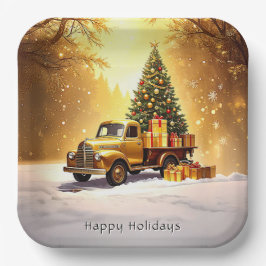Gold Truck Christmas Tree Holiday Paper Plate ペーパープレート