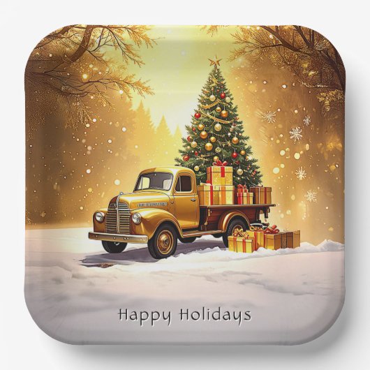 Gold Truck Christmas Tree Holiday Paper Plate ペーパープレート (正面)