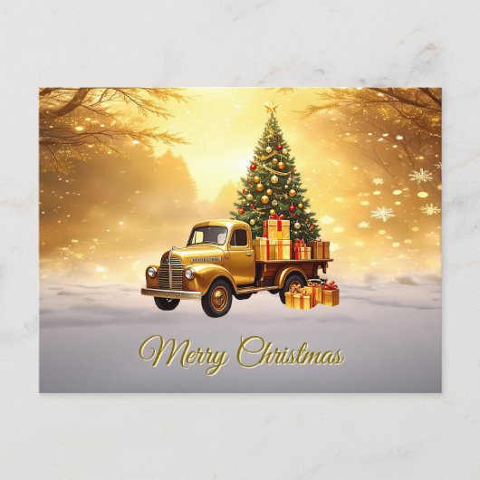 Gold Truck Christmas Tree Holiday Postcard ポストカード (正面)
