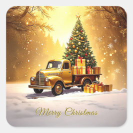 Gold Truck Christmas Tree Holiday Sticker スクエアシール