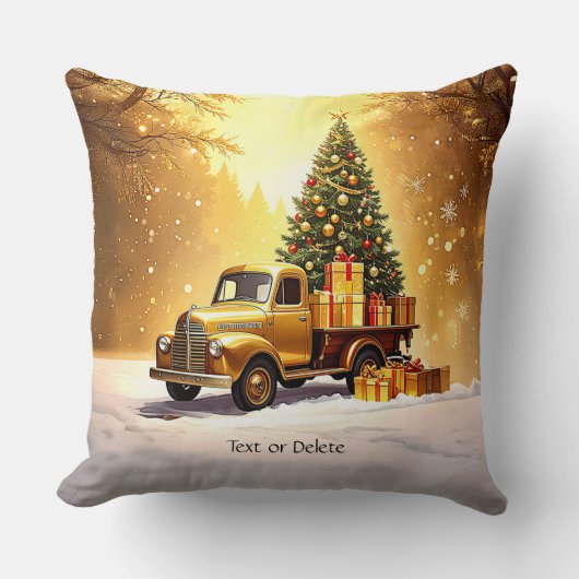 Gold Truck Christmas Tree Holiday Throw Pillow クッション (正面)