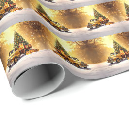 Gold Truck Christmas Tree Wrapping Paper ラッピングペーパー