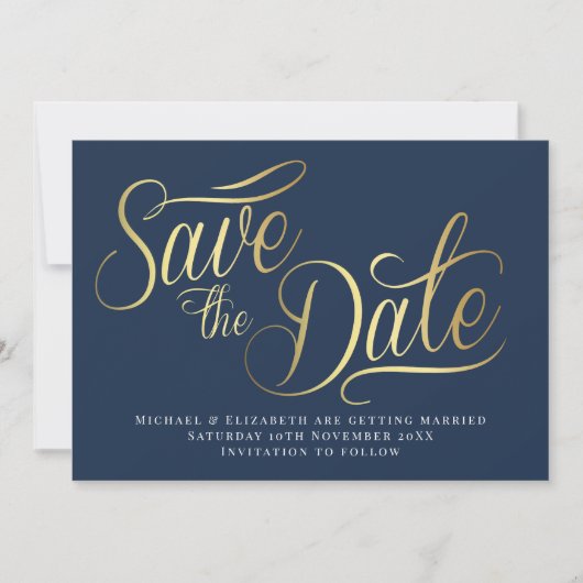 Gold Typo Modern Blue Save The Date Card 招待状 (正面)