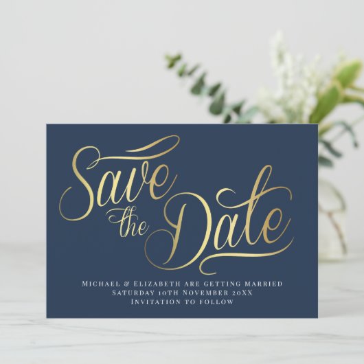 Gold Typo Modern Blue Save The Date Card 招待状 (スタンド正面)