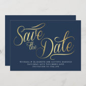 Gold Typo Modern Blue Save The Date Card 招待状 (正面/裏面)