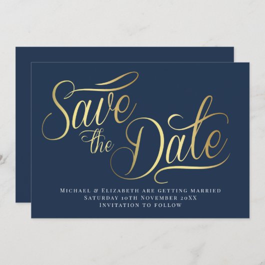 Gold Typo Modern Blue Save The Date Card 招待状 (正面/裏面)