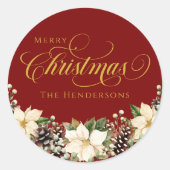 Gold Typography Christmas Poinsettia red   ラウンドシール (正面)