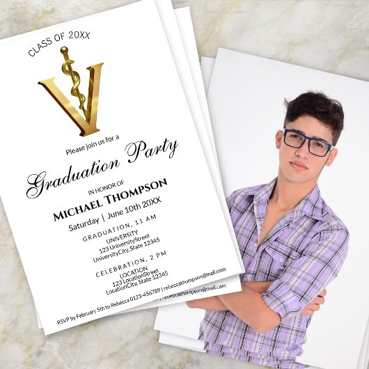 Gold Veterinary Caduceus Graduation Party | Photo 招待状
