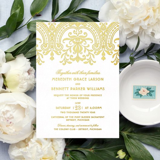 Gold Vintage Damask Wedding 箔招待状