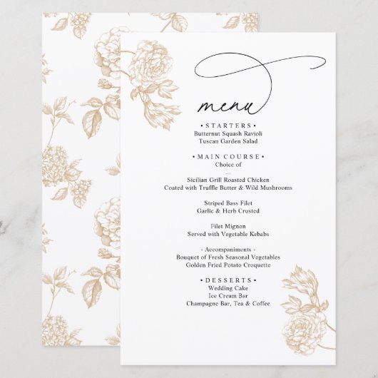 Gold Vintage Floral Modern Script Wedding Menu (正面/裏面)