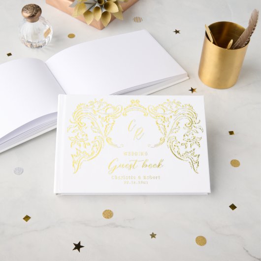 Gold Vintage Flourish Couples Monogram Wedding ゲストブック (正面見開き)