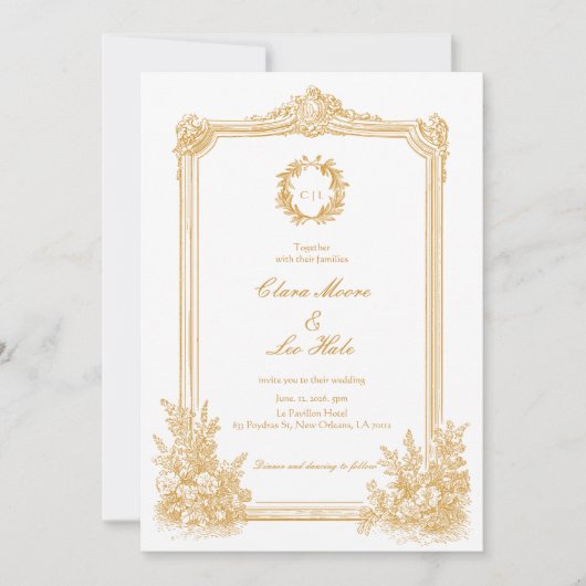 Gold Vintage Ornate Border Wedding 招待状 (正面)