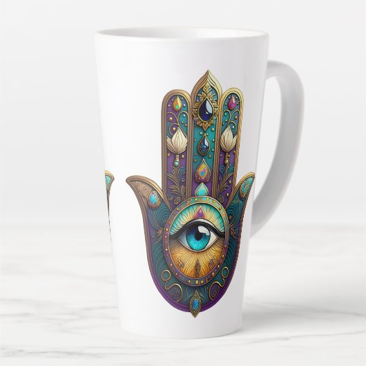 Gold Violet Teal Hamsa w/ Turquoise Third Eye カフェラテマグ (右アングル)