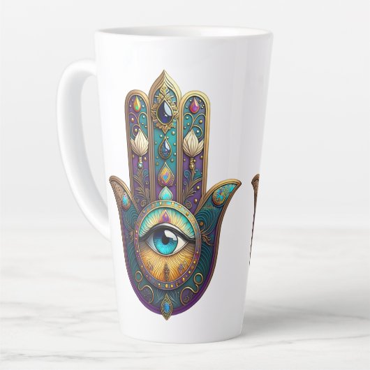 Gold Violet Teal Hamsa w/ Turquoise Third Eye カフェラテマグ (左アングル)