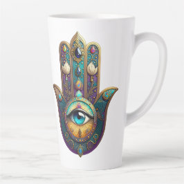 Gold Violet Teal Hamsa w/ Turquoise Third Eye カフェラテマグ