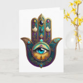 Gold Violet Teal Hamsa w/ Turquoise Third Eye カード (黄色い花)