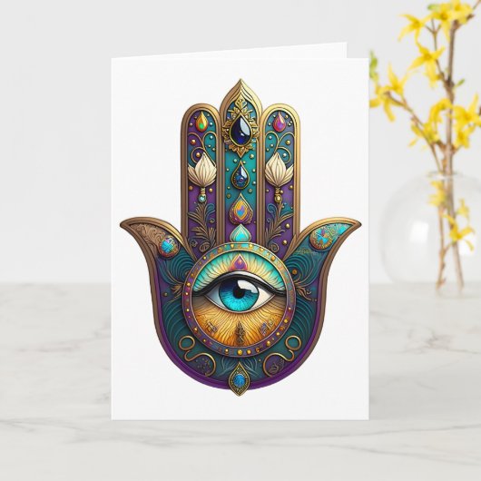 Gold Violet Teal Hamsa w/ Turquoise Third Eye カード (黄色い花)