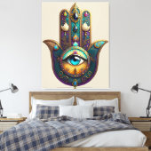 Gold Violet Teal Hamsa w/ Turquoise Third Eye キャンバスプリント (インサイチュ (寝室))