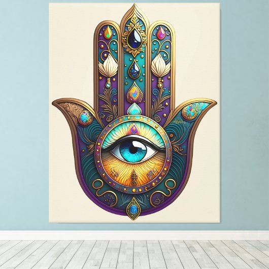 Gold Violet Teal Hamsa w/ Turquoise Third Eye キャンバスプリント (インサイチュ (ウッドフロア))