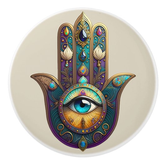 Gold Violet Teal Hamsa w/ Turquoise Third Eye セラミックノブ (正面)