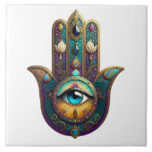 Gold Violet Teal Hamsa w/ Turquoise Third Eye タイル (正面)