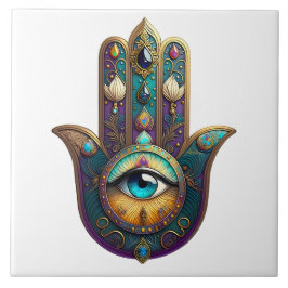 Gold Violet Teal Hamsa w/ Turquoise Third Eye タイル