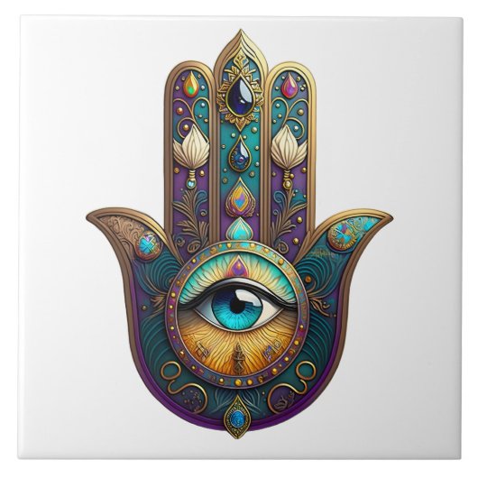 Gold Violet Teal Hamsa w/ Turquoise Third Eye タイル (正面)