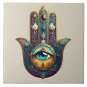 Gold Violet Teal Hamsa w/ Turquoise Third Eye タイル (正面)
