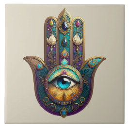 Gold Violet Teal Hamsa w/ Turquoise Third Eye タイル