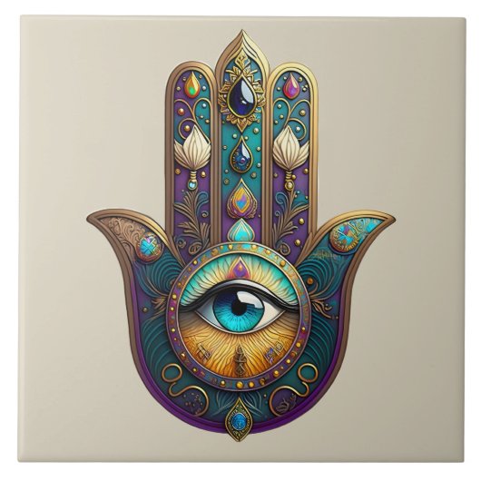Gold Violet Teal Hamsa w/ Turquoise Third Eye タイル (正面)
