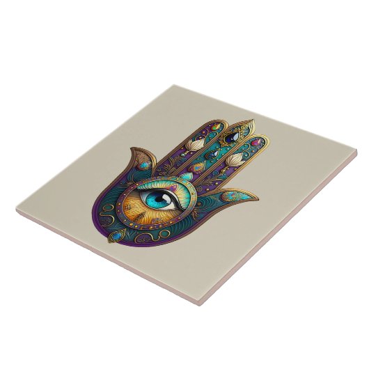 Gold Violet Teal Hamsa w/ Turquoise Third Eye タイル (側面)