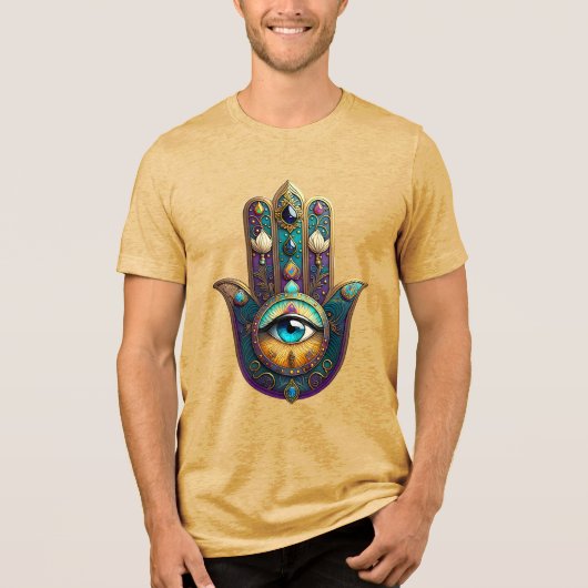 Gold Violet Teal Hamsa w/ Turquoise Third Eye トライブレンドＴシャツ (正面)