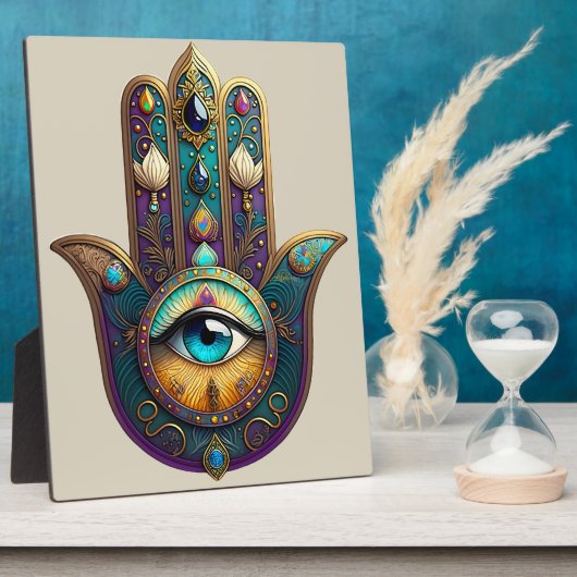 Gold Violet Teal Hamsa w/ Turquoise Third Eye フォトプラーク (側面)
