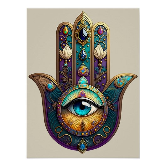 Gold Violet Teal Hamsa w/ Turquoise Third Eye ポスター (正面)