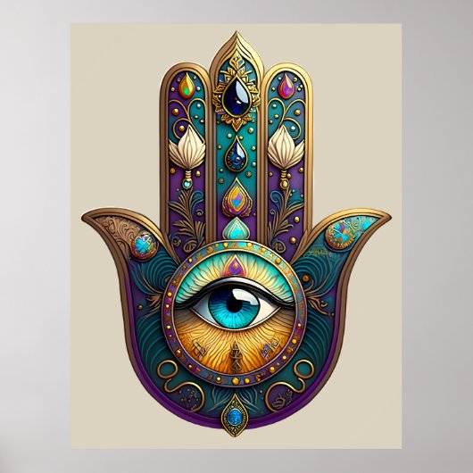 Gold Violet Teal Hamsa w/ Turquoise Third Eye ポスター (正面)