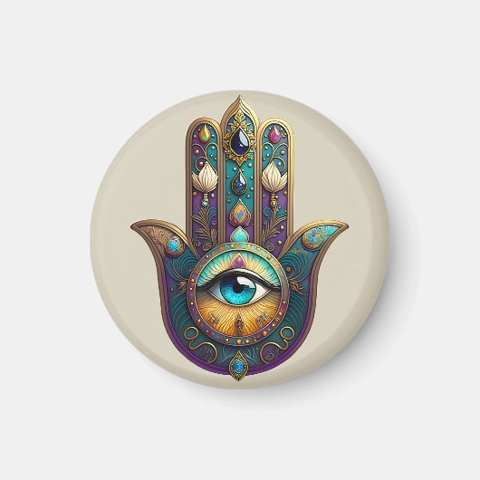 Gold Violet Teal Hamsa w/ Turquoise Third Eye マグネット (正面)