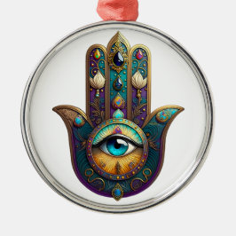 Gold Violet Teal Hamsa w/ Turquoise Third Eye メタルオーナメント