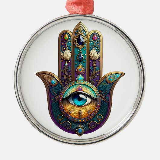 Gold Violet Teal Hamsa w/ Turquoise Third Eye メタルオーナメント (正面)