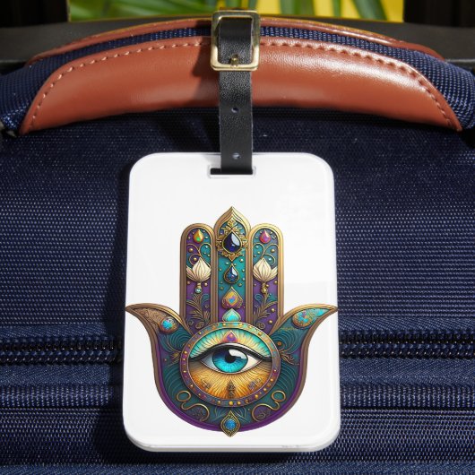 Gold Violet Teal Hamsa w/ Turquoise Third Eye ラゲッジタグ (正面インサイチュ2)