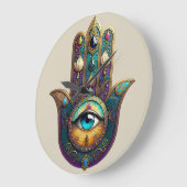 Gold Violet Teal Hamsa w/ Turquoise Third Eye ラージ壁時計 (傾斜)
