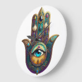 Gold Violet Teal Hamsa w/ Turquoise Third Eye ラージ壁時計 (傾斜)