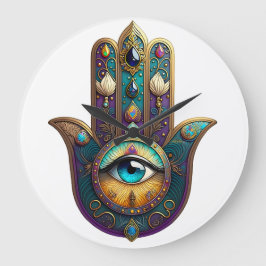 Gold Violet Teal Hamsa w/ Turquoise Third Eye ラージ壁時計