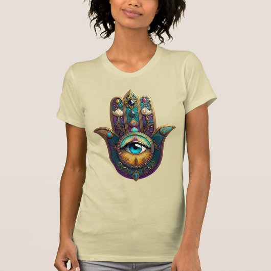 Gold Violet Teal Hamsa w/ Turquoise Third Eye Tシャツ (正面)