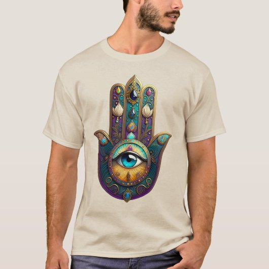 Gold Violet Teal Hamsa w/ Turquoise Third Eye Tシャツ (正面)